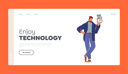 Enjoy Technology Landing Page Template. Young Man Show Qr Code of Covid-19 Vaccination on Phone Screen