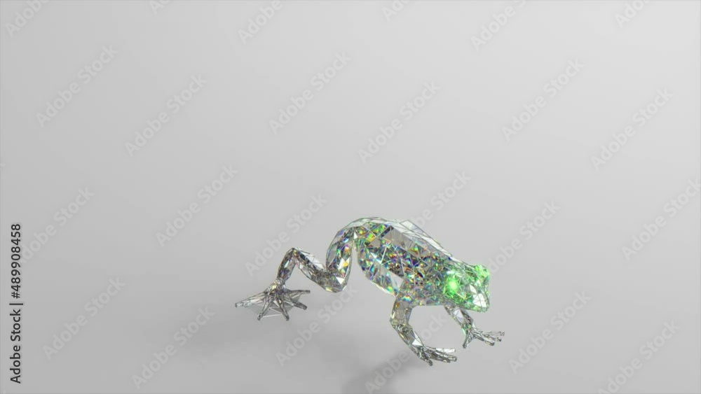 Poster jumping diamond frog. the concept of nature and animals. low poly. white color. 3d animation of seam