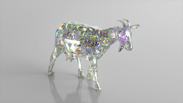 Walking diamond goat. The concept of nature and animals. Low poly. White color. 3d animation of seamless loop