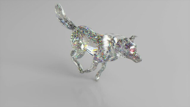 Running diamond wolf. The concept of nature and animals. Low poly. White color. 3d animation of seamless loop