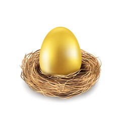 Easter gold egg in bird's nest, easter day greeting card, elements for design.