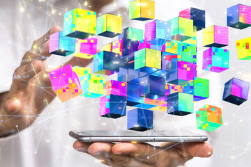 Neural network 3D illustration. Big data and cybersecurity