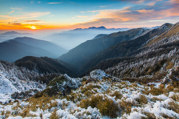 Asia - Beautiful landscape of highest mountains reflect fantasy dramatic sunset sky in winter at Taroko National Park, Hehuan Mountain, Taiwan 