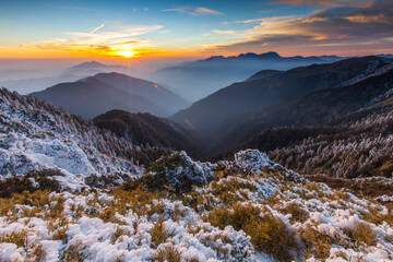 Asia - Beautiful landscape of highest mountains reflect fantasy dramatic sunset sky in winter at Taroko National Park, Hehuan Mountain, Taiwan 