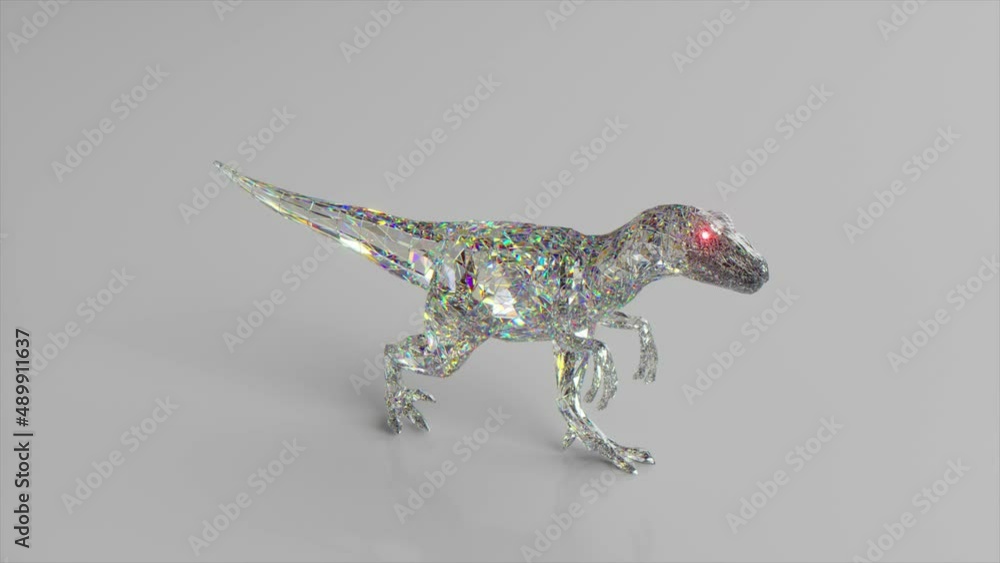 Poster walking diamond velociraptor. the concept of nature and animals. low poly. white color. 3d animation