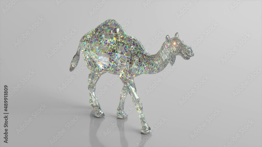 Poster walking diamond camel. the concept of nature and animals. low poly. white color. 3d animation of sea
