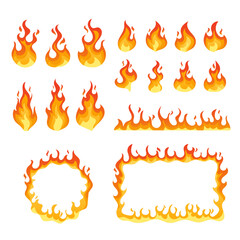 Set of Fire, Campfire, Flame Round and Rectangular Borders. Isolated Torch Flame, Burning Bonfire Blaze. Glowing Flare © Pavlo Syvak
