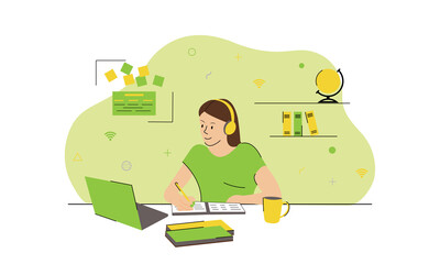 Fototapeta premium The girl sits in a chair and works on a laptop on green background . flat character. a teenager writes in a notebook. work at home. Freelance. Online education 