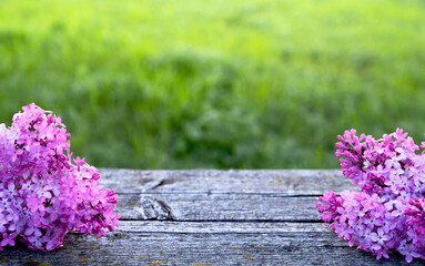 Lilac flowers on wooden table and background with green grass. Podium for product presentation.