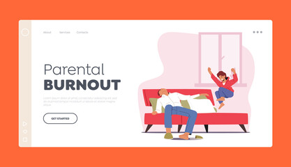 Obraz na płótnie Canvas Parental Burnout Landing Page Template. Tired Parent with Hyperactive Child at Home, Fatigue Father Character Sleep