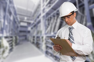 An inspector with a helmet on his head, stands in the warehouse and checks inventory on the tablet.