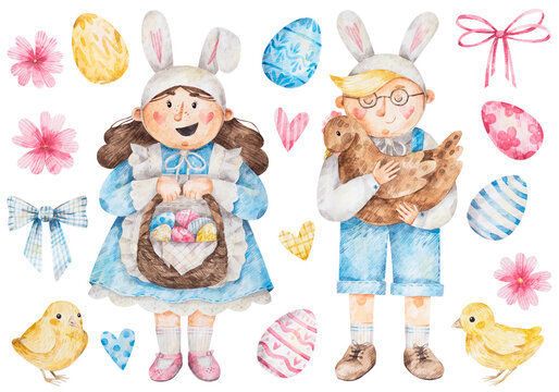 Easter watercolor set. Boy and girl in costumes of Easter rabbits. Spring hand-drawn illustrations - eggs, hearts, chickens, flowers. Decorative elements for holiday