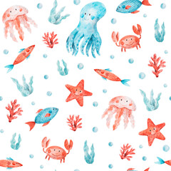 Sea ocean water animals and fish in cartoon style. Watercolor seamless pattern with marine creatures - octopus, starfish, crab, jellyfish. Hand-drawn summer texture on white background