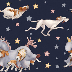 Seamless pattern dogs play and have fun on the background of the night sky. - 489912612