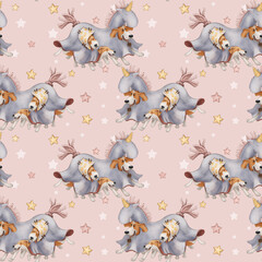 Seamless pattern, funny dogs in a unicorn costume on a pink background with stars. - 489912640