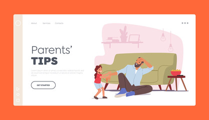 Parent Tips Landing Page Template. Depressed Sleepy Father Character Sit on Floor while Daughter Invite him to Play