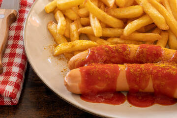 close up of a cervelas curry wurst in a plate with fries