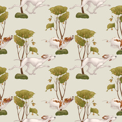 Seamless pattern on a light green background. Hound dogs run through the forest, hunt. - 489912868