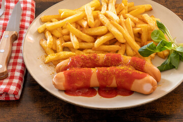 top view of a cervelas curry wurst on a plate with fries