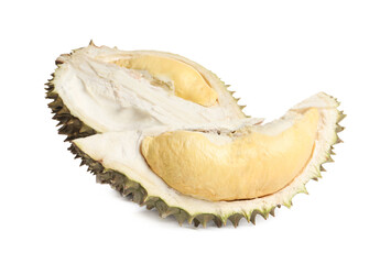 Obraz premium Cut fresh ripe durian on white background