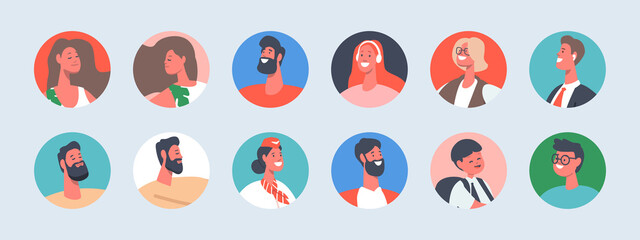 Set of People Avatars, Isolated Round Icons. Male or Female Characters with Different Appearance, Social Status and Ages