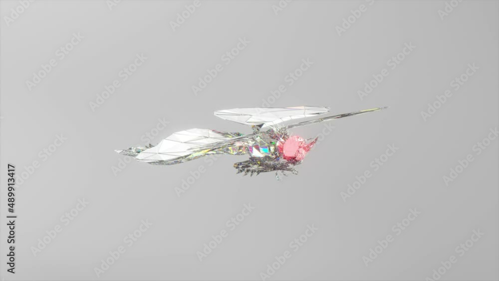 Poster flying diamond dragonfly. the concept of nature and animals. low poly. white color. 3d animation of 