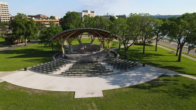 The Bandshell with newly completed covering in Riverside Park, La Crosse, Wisconsin, on a bright sunny summer day. Park on edge of the Mississippi River. 