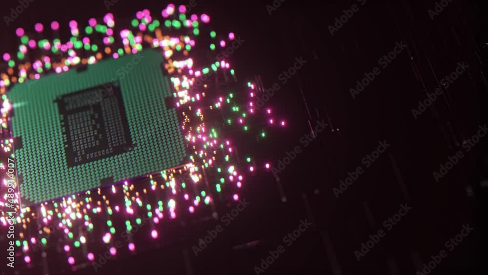 Poster cpu processor sends data. neon particles. the concept of data transfer and connections. 3d animation
