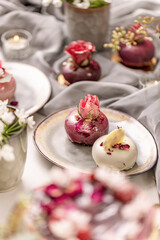 Still life of beautiful mousse cakes