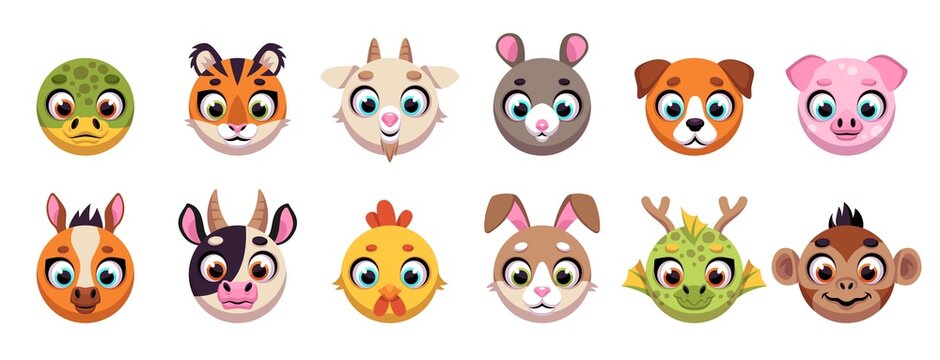 Animals circle faces. Funny cartoon muzzles, round shapes, UI apps icons, cute wildlife characters, chinese horoscope signs, app signs, funny fauna faces. Vector isolated set