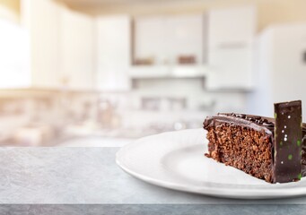 Tasty cake chocolate slice on a plate