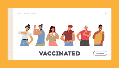 Obraz na płótnie Canvas Vaccinated People Landing Page Template. Young Persons Immunization, Vaccination, Health Care. Positive Characters