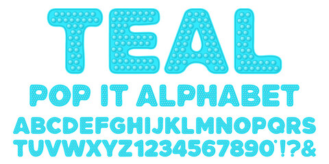Teal blue popit alphabet and numbers set in fidget toy style. Pop it font design as a trendy silicone toy for fidget in bright color. Bubble sensory letter as popit. Isolated cartoon vector - obrazy, fototapety, plakaty