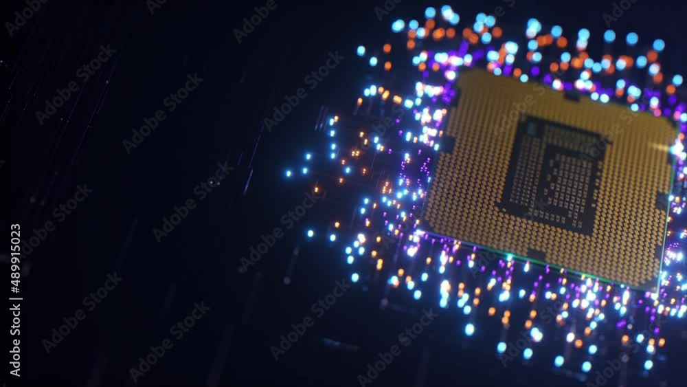 Poster cpu processor sends data. neon particles. the concept of data transfer and connections. 3d animation