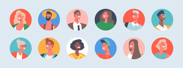 Set of People Avatars, Young, Mature and Old Men or Women Portraits for Social Media and Web Design. Diverse Characters