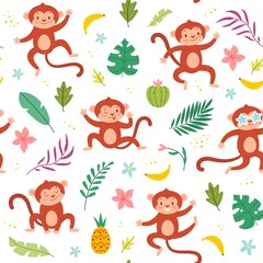 Cute monkeys seamless pattern. Tropical leaves and fruits, banana and funny little animals, jungle wildlife, exotic mammals isolated on white background. Decor textile, vector print