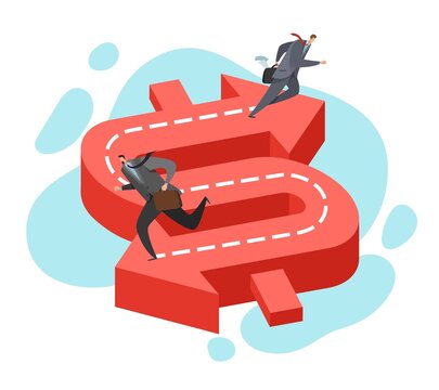 Different Path Of The Same Goal. Two Businessman Running To Success Opposite Direction, Dollar Sign, Various Strategies For Finding Solution, Men On Right Road. Vector Business Concept