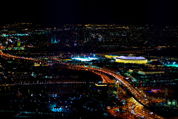 Aerial view of Moscow at night. Night flight.