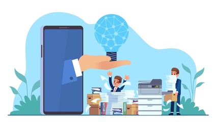 Innovative modern, technological ideas of business organization. Panicked office workers, hand with light bulb, corporate creative progress, futuristic innovation, vector concept