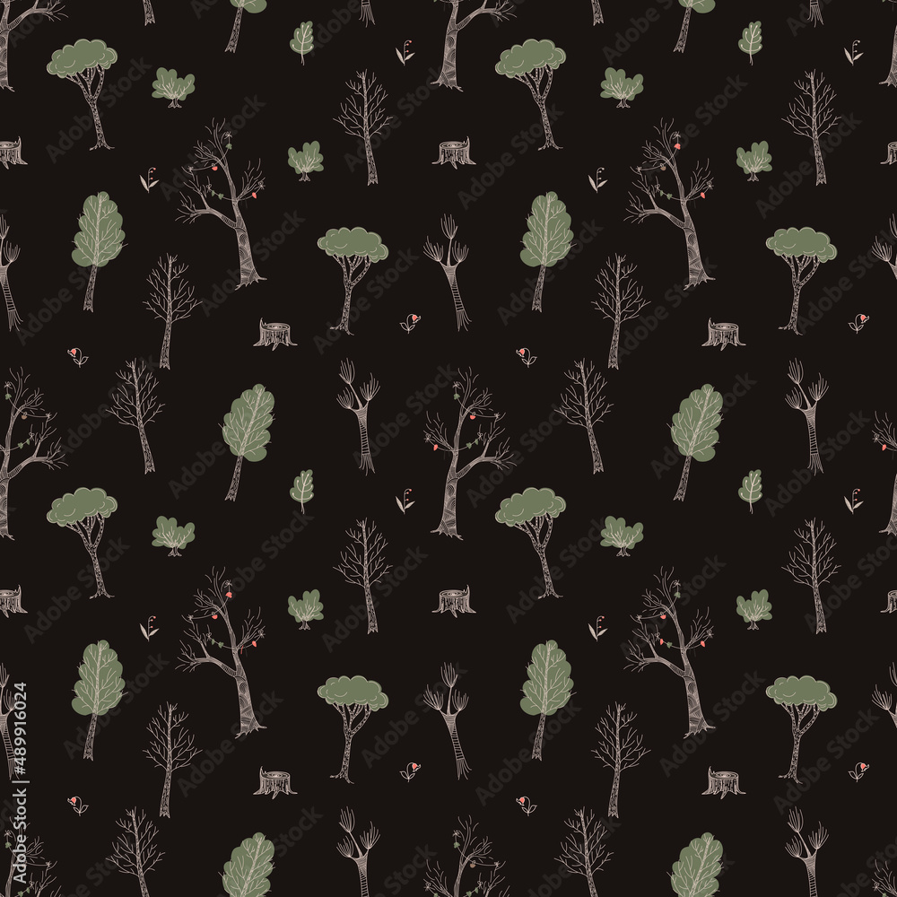 Poster seamless forest pattern with trees and wild berries. vector illustration for printing on fabric.