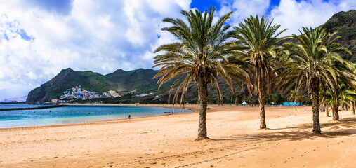 Best Beaches of Tenerife - gold sandy Las Teresitas with scenic San Andres village. Canary islands of Spain