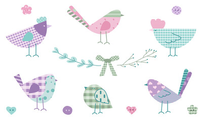Spring collection, set bird or chicken, chick, rooster, dove and floral in pastel colors and tartan pattern. The vector illustration in abstract patchwork flat design or POP ART style. - obrazy, fototapety, plakaty