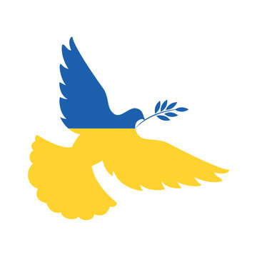 Dove of peace in colors of ukraine flag icon vector. Russian ukrainian conflict symbol. Ukrainian flag and dove with a olive branch icon vector isolated on a white background