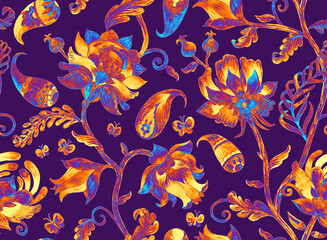 Paisley watercolor floral pattern. Jacobean floral tile: flowers, flores leaves. Oriental indian traditional hand painted water color whimsical seamless print design. Abstract india batik background