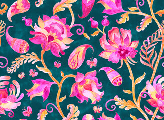 Paisley watercolor floral pattern. Jacobean floral tile: flowers, flores leaves. Oriental indian traditional hand painted water color whimsical seamless print design. Abstract india batik background