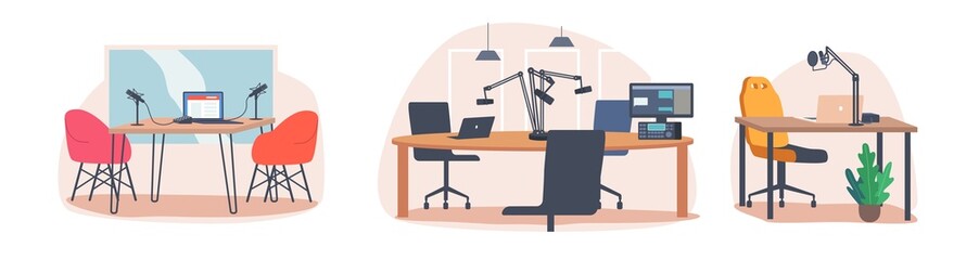 Radio Station Studio Interior, Empty Room With Table, Microphones Pc and Professional Equipment for Programs and Podcast