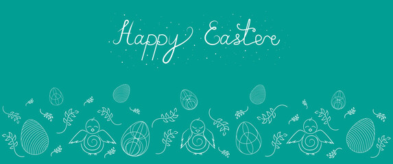 Cute cyan horizontal easter banner with chicken and unique eggs in line art style with lettering 