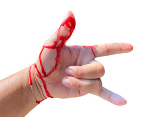 Real red blood on hand on white background with copy space. Accident form a knife cut finger.