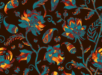 Naklejka premium Paisley watercolor floral pattern. Jacobean floral tile: flowers, flores leaves. Oriental indian traditional hand painted water color whimsical seamless print design. Abstract india batik background