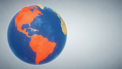 Earth globe with region of the Americas highlighted in red. 3D illustration. Elements of this image furnished by NASA
